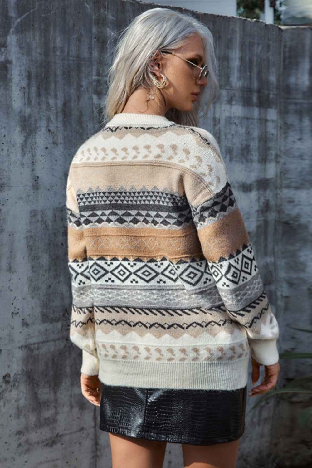 Rhombus Print Loose Long Sleeve Sweater