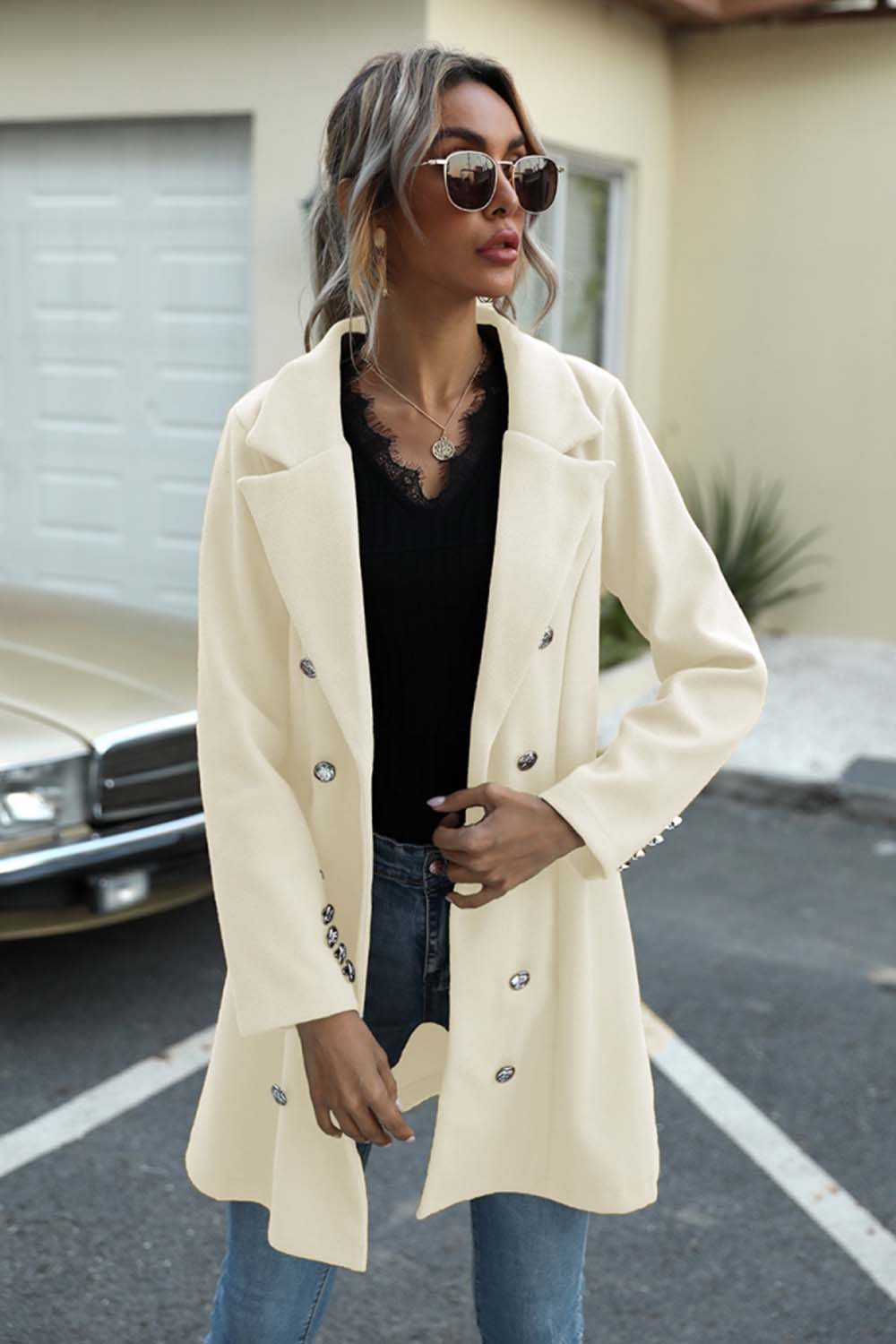 Long Button Lapel Woolen Coat