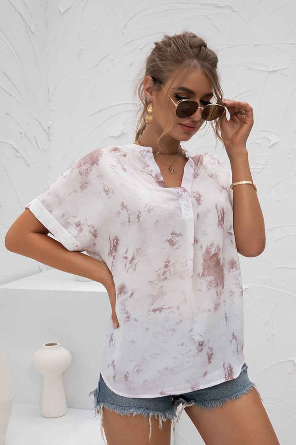 V-Neck Tie-Dye Print Chiffon Shirt