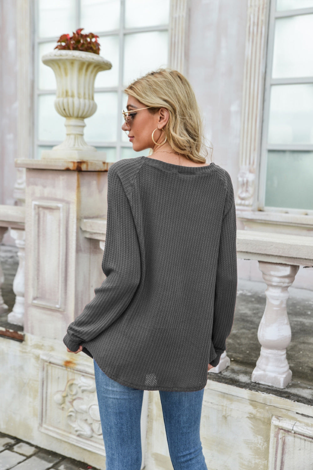 Waffle Long Sleeve One-shoulder T-shirt