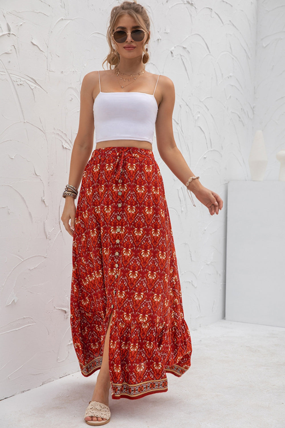 High-Waist Printed Button-Up Slit Skirt