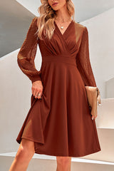 V-Neck Solid Lace Sleeve Jacquard Dress