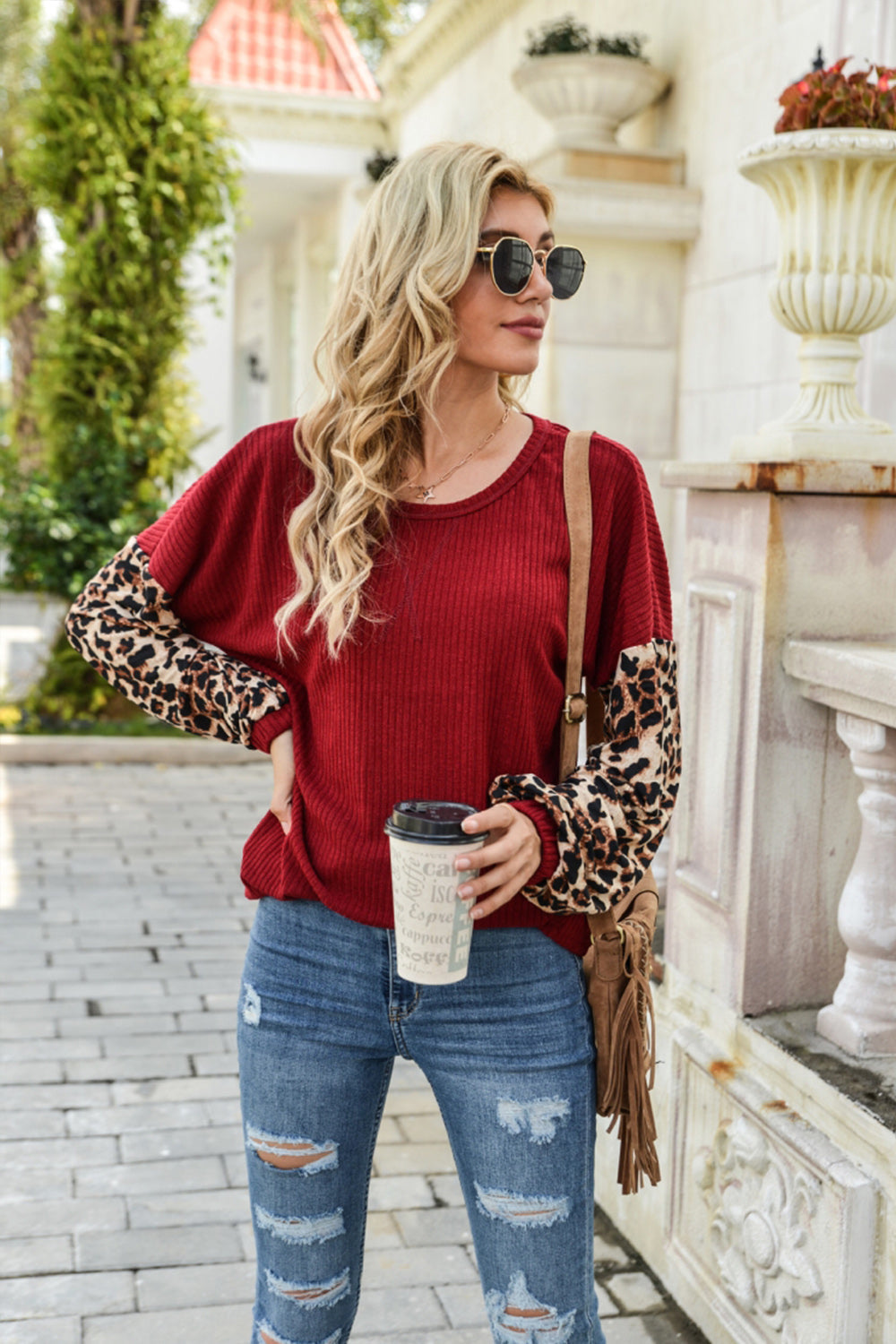 Leopard Stitching Long Sleeve Sweater