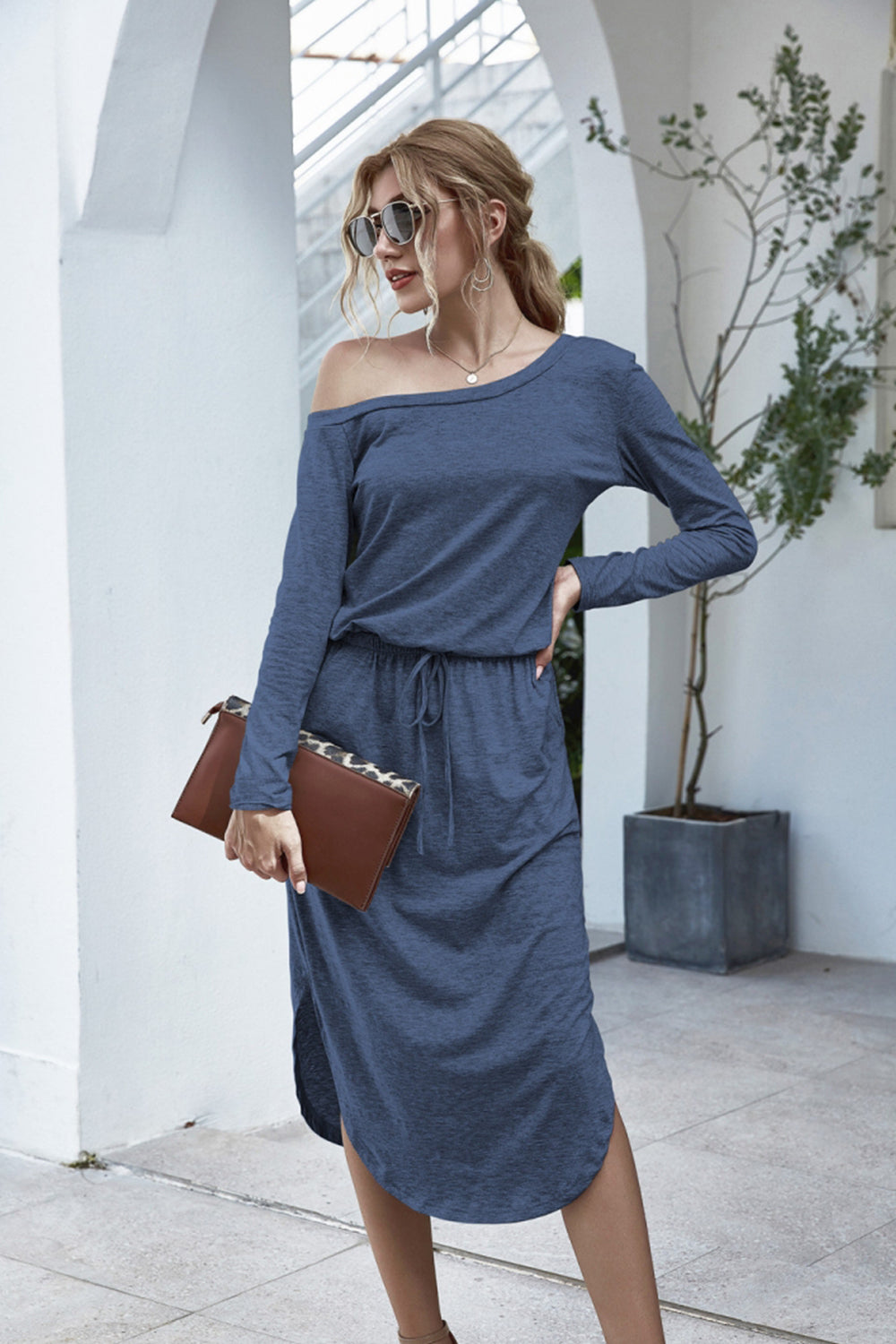 Off Shoulder Lace Up Pocket Slit Dress