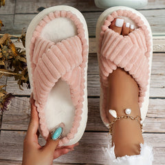 Slip On Plush Cross Strap Platform Slippers