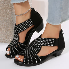 Peep Toe Back Zipper Chunky Heel Rhinestone Sandals