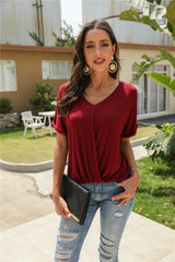 V-Neck Solid Color Pleated T-Shirt