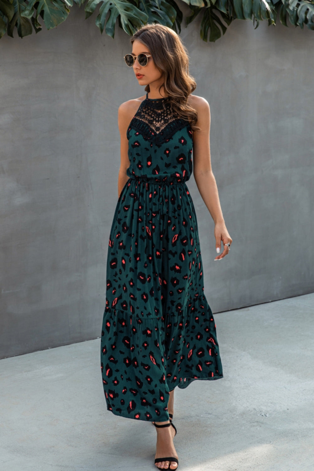 Hollow Lace Spliting Printed Dress