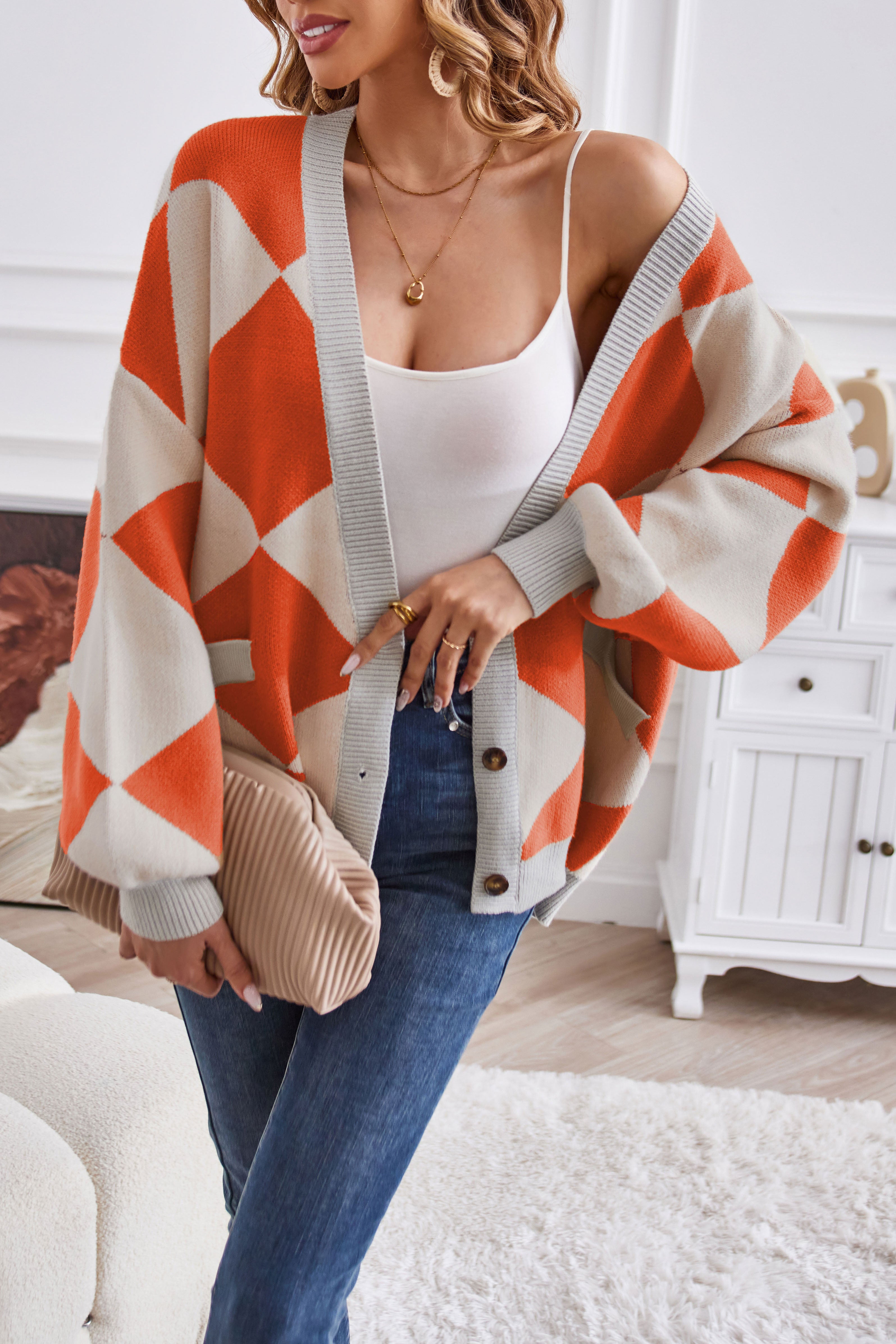 V-neck geometric patchwork contrasting knitted cardigan