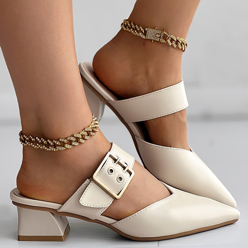 Slip On Buckle Point Toe Block Heel Mary Jane Shoes