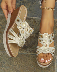 Rhinestone Decor Cutout Design Platform Wedge Sandals