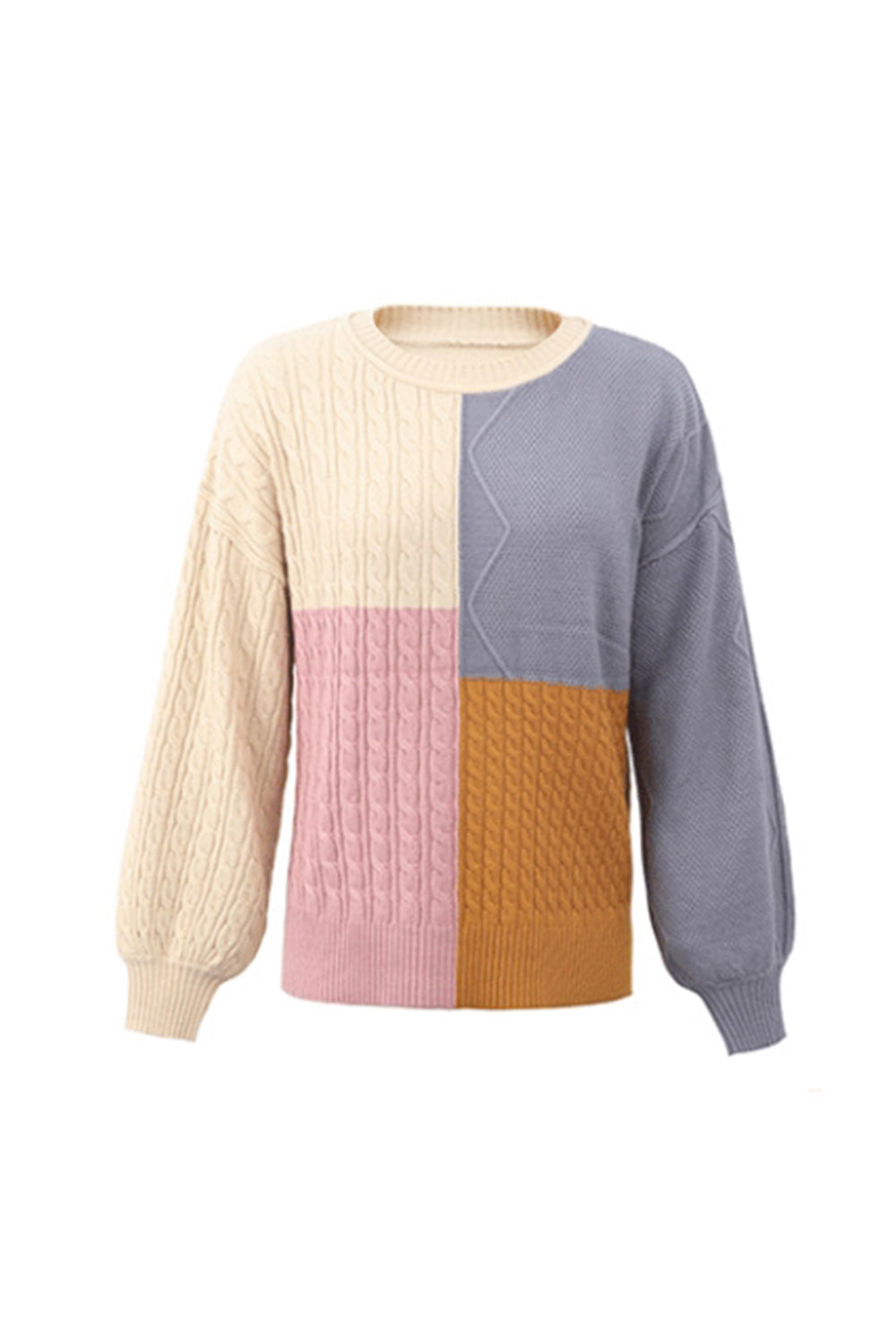 Contrast Patchwork Twist Lantern Sleeve Sweater