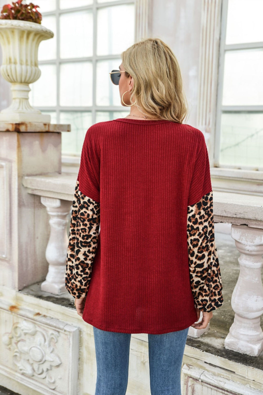 Leopard Stitching Long Sleeve Sweater