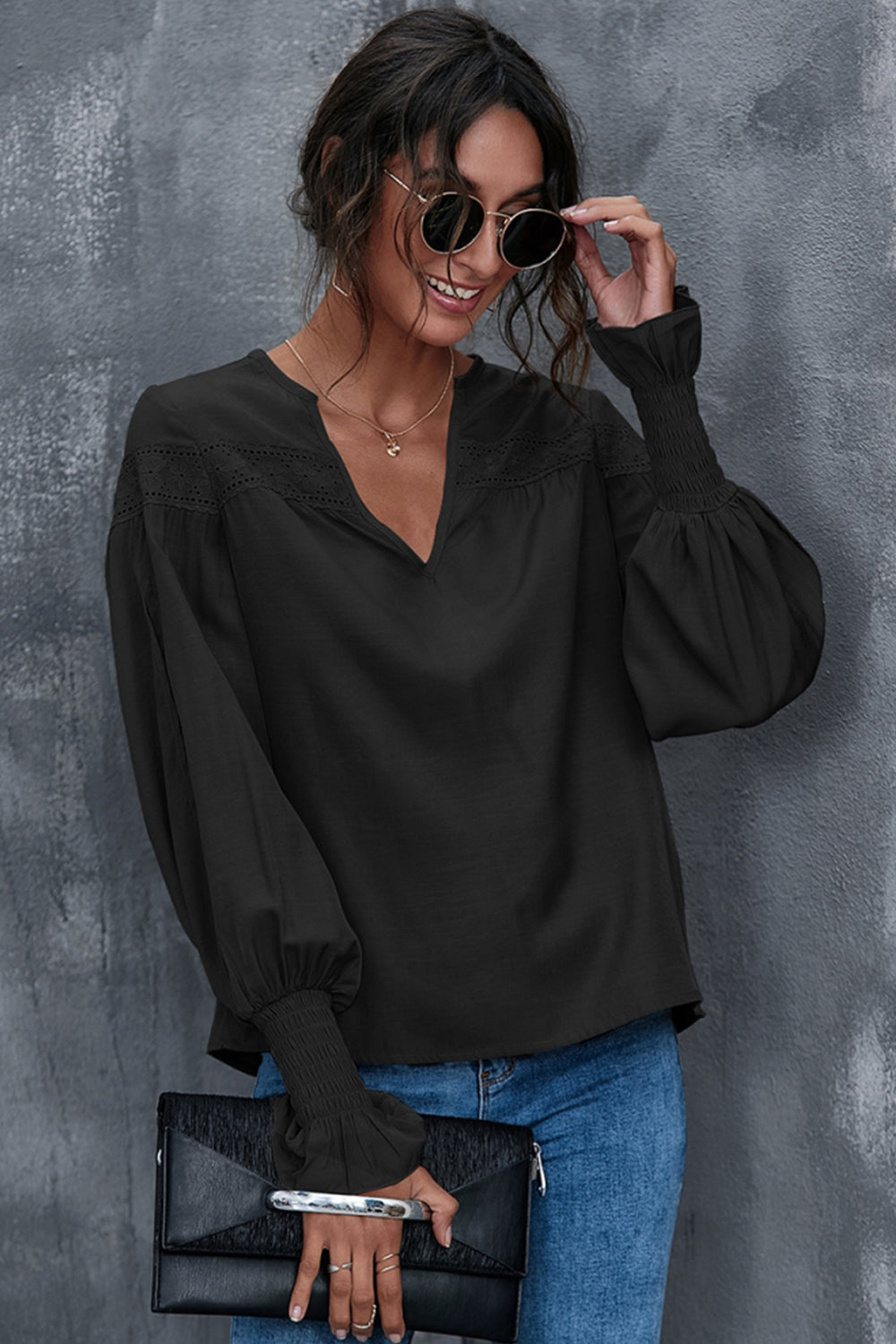 Lantern Sleeves V-neck Hollow Slit Blouse