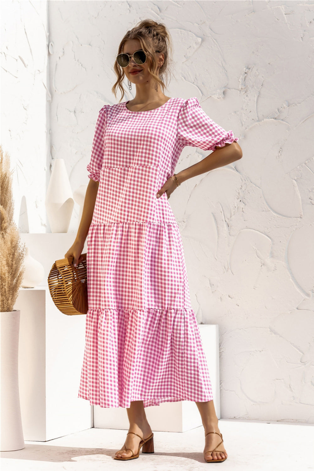 Puff Sleeve Polka Dot Plaid Patchwork Long Dress