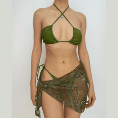 Cross front halter hollow out self tie mini dress 3 piece swimwear