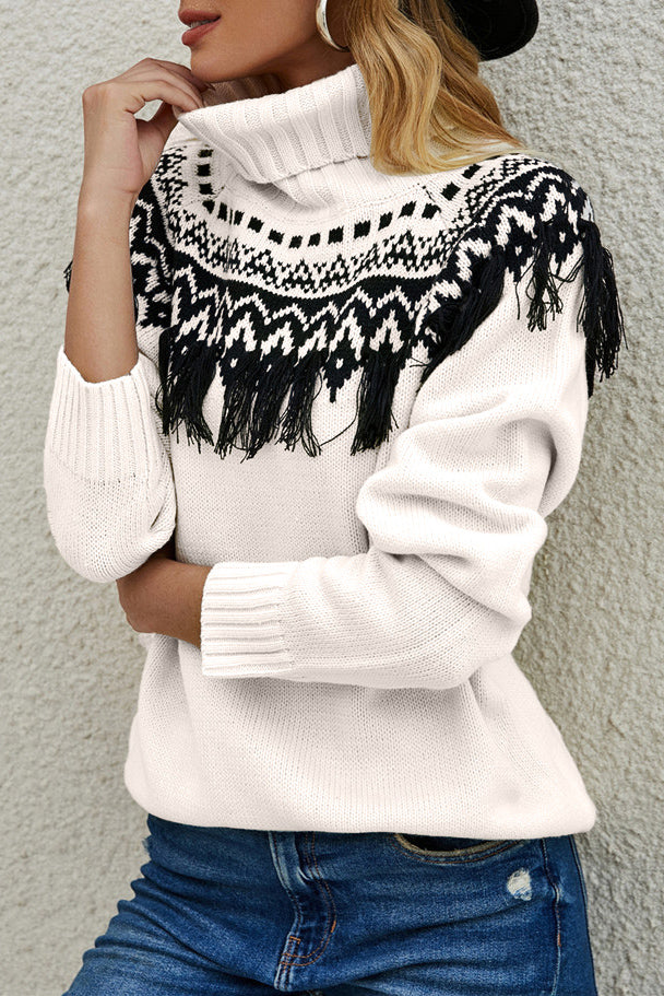 Vintage Embroidered Fringe Turtleneck Sweater