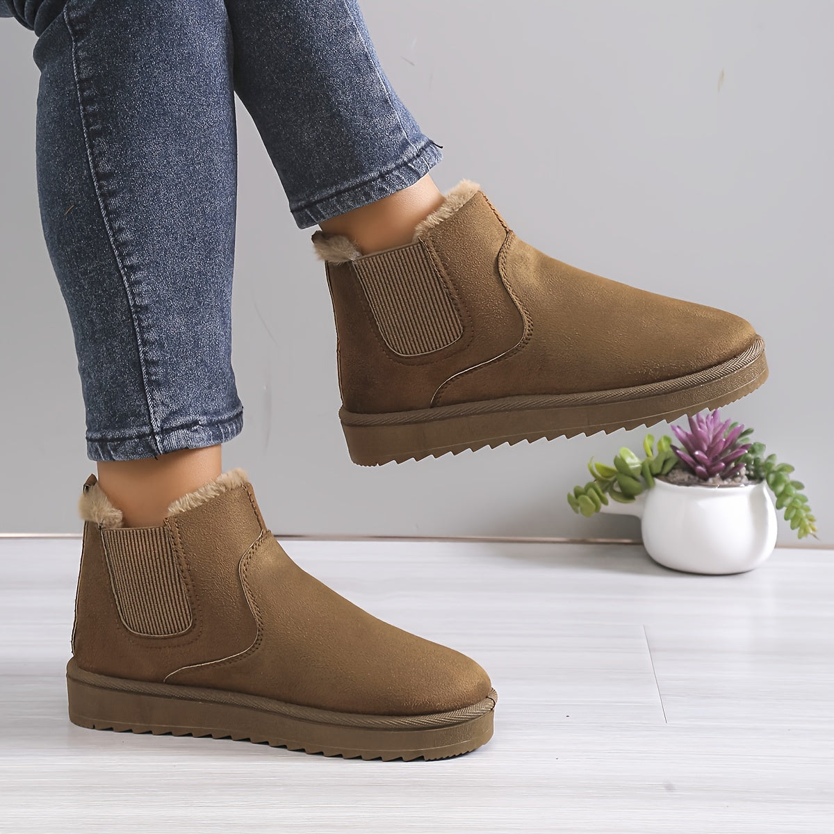 Plus Fleece Snow Slip On Flat Ankle Boots