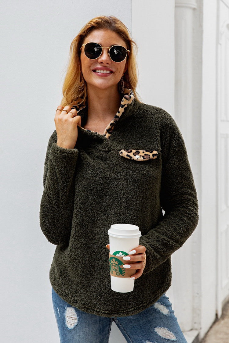 Leopard Button Plush Pullover