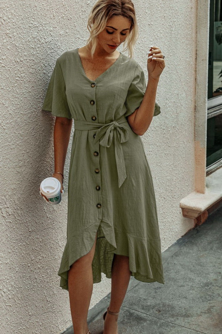 Ruffled V-neck Lace Dress