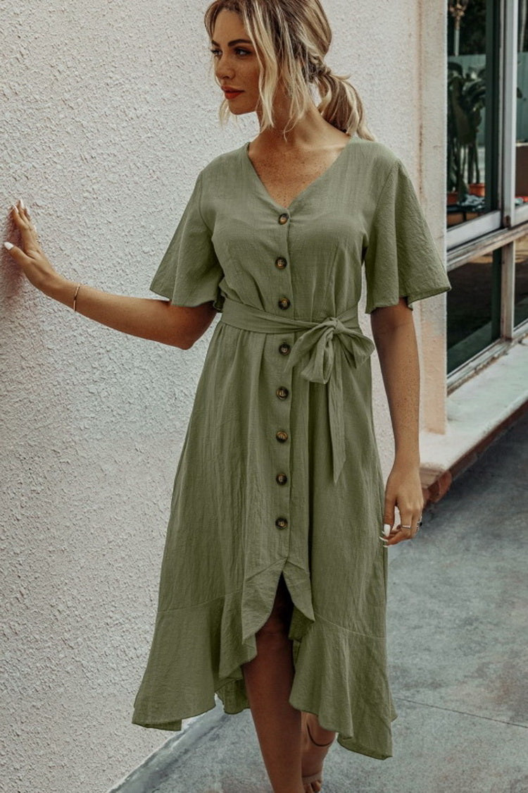 Ruffled V-neck Lace Dress