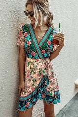 Printed V-neck Short Sleeve Lace Ruffle Dress