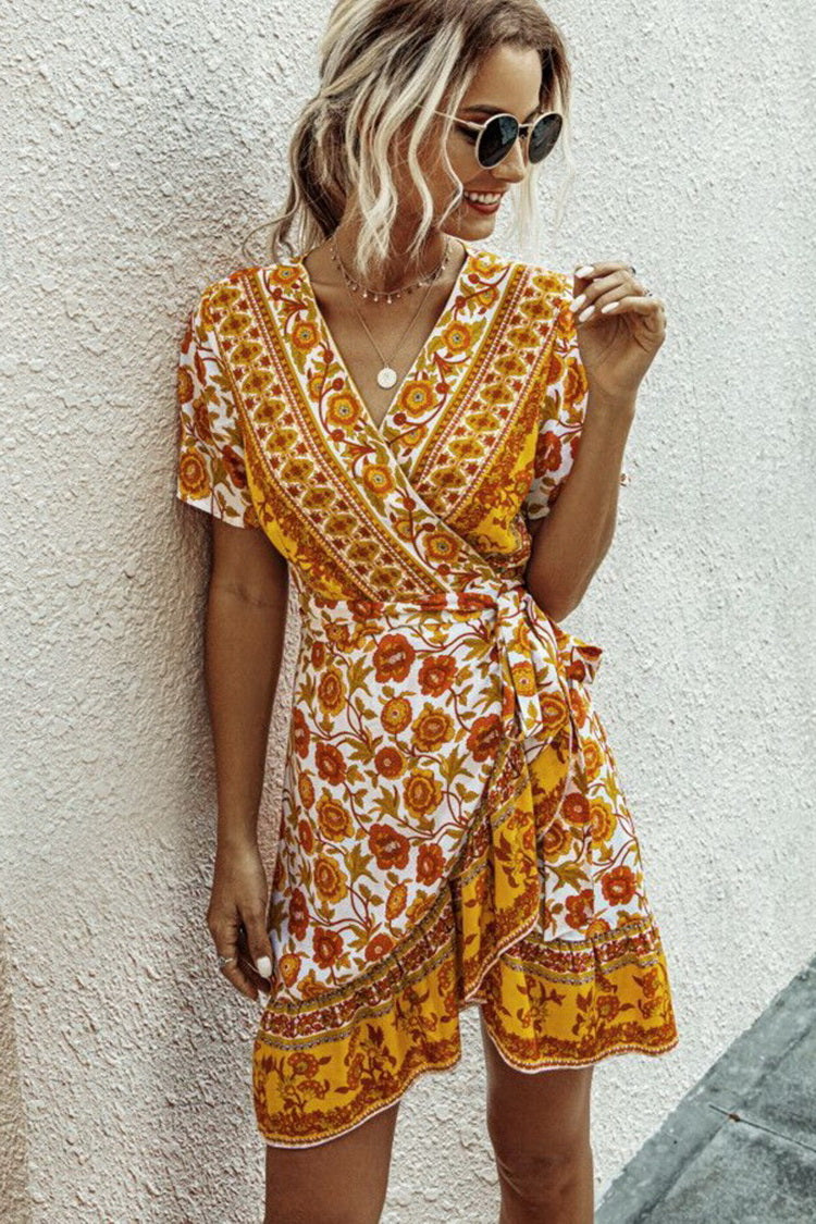 Printed V-neck Short Sleeve Lace Ruffle Dress