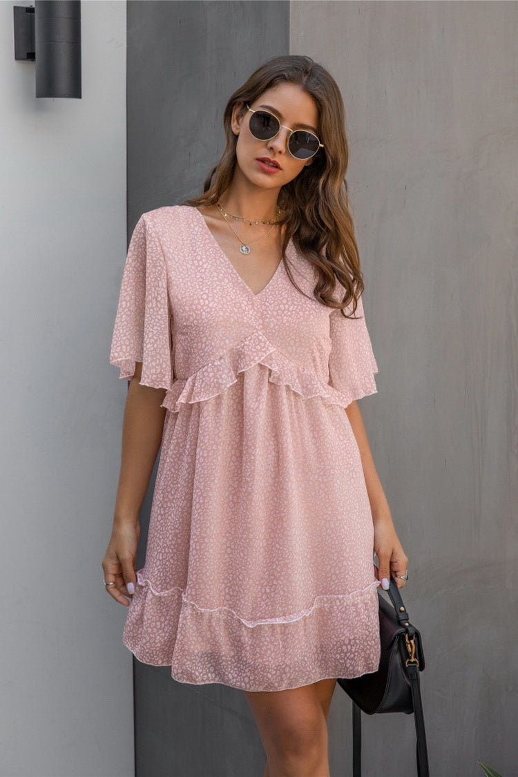 Printed V-neck Ruffled Dress