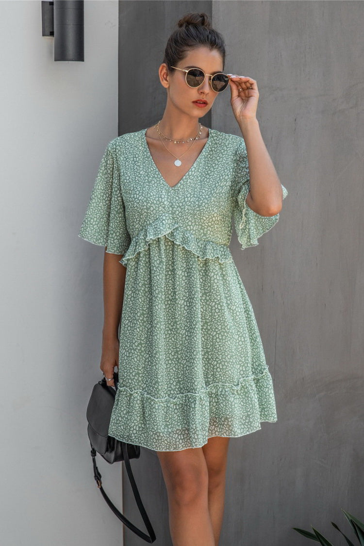Printed V-neck Ruffled Dress