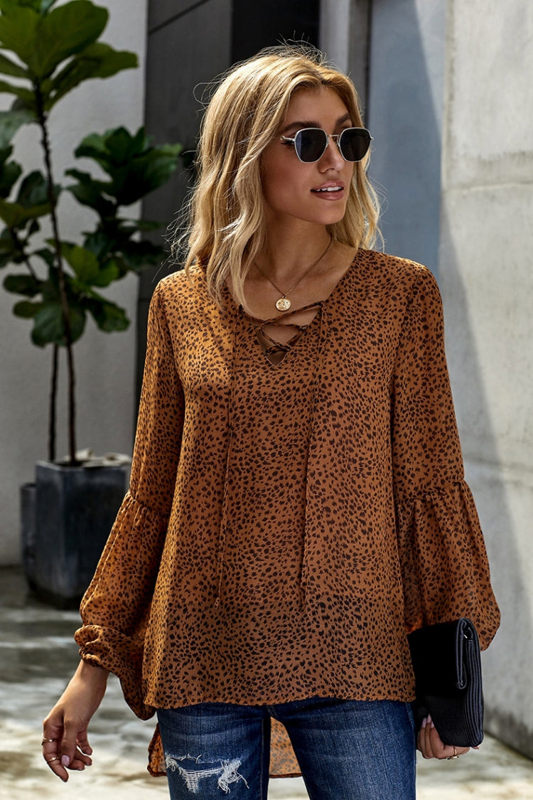 Lantern Long Sleeve Leopards Chiffon Top