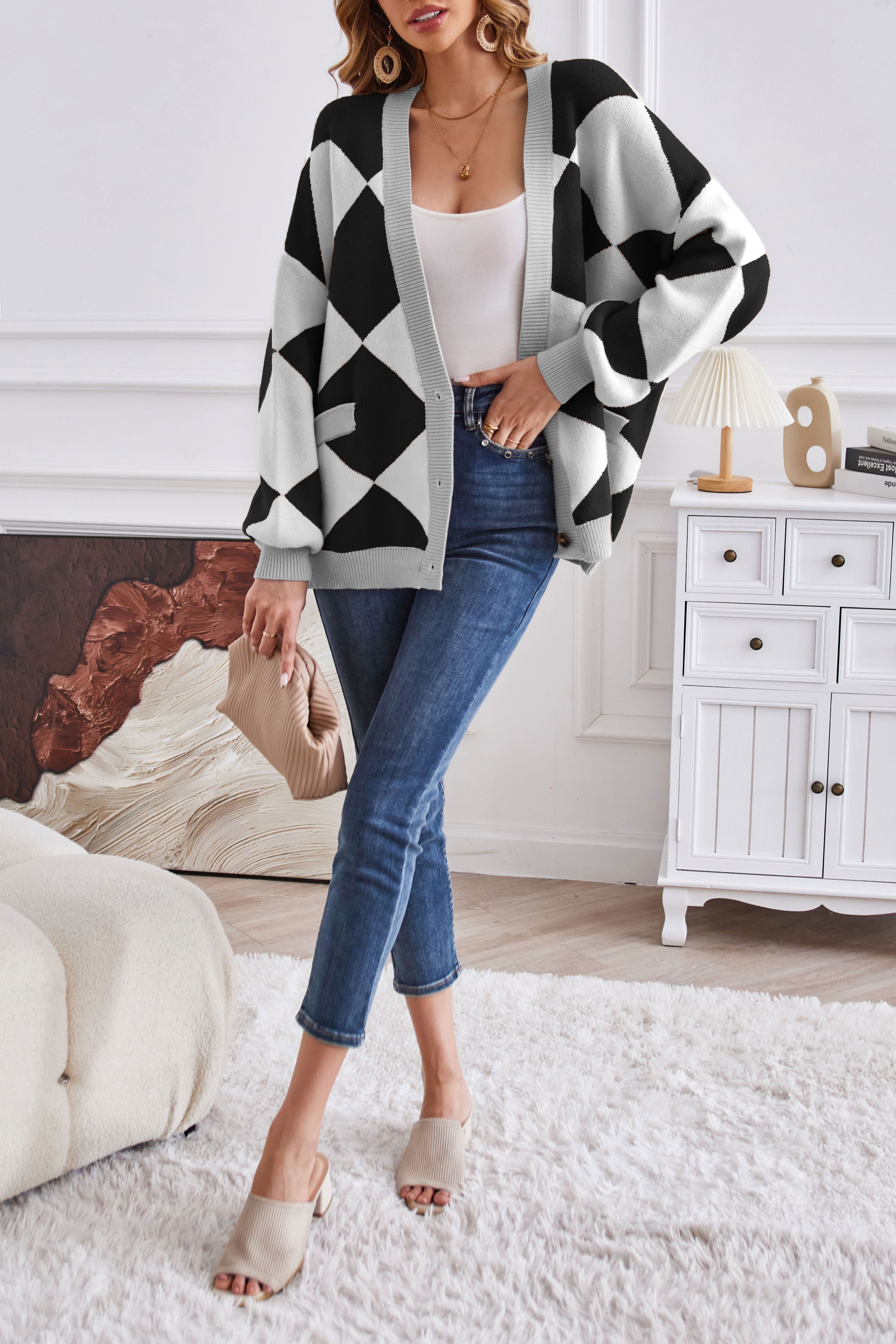 V-neck geometric patchwork contrasting knitted cardigan