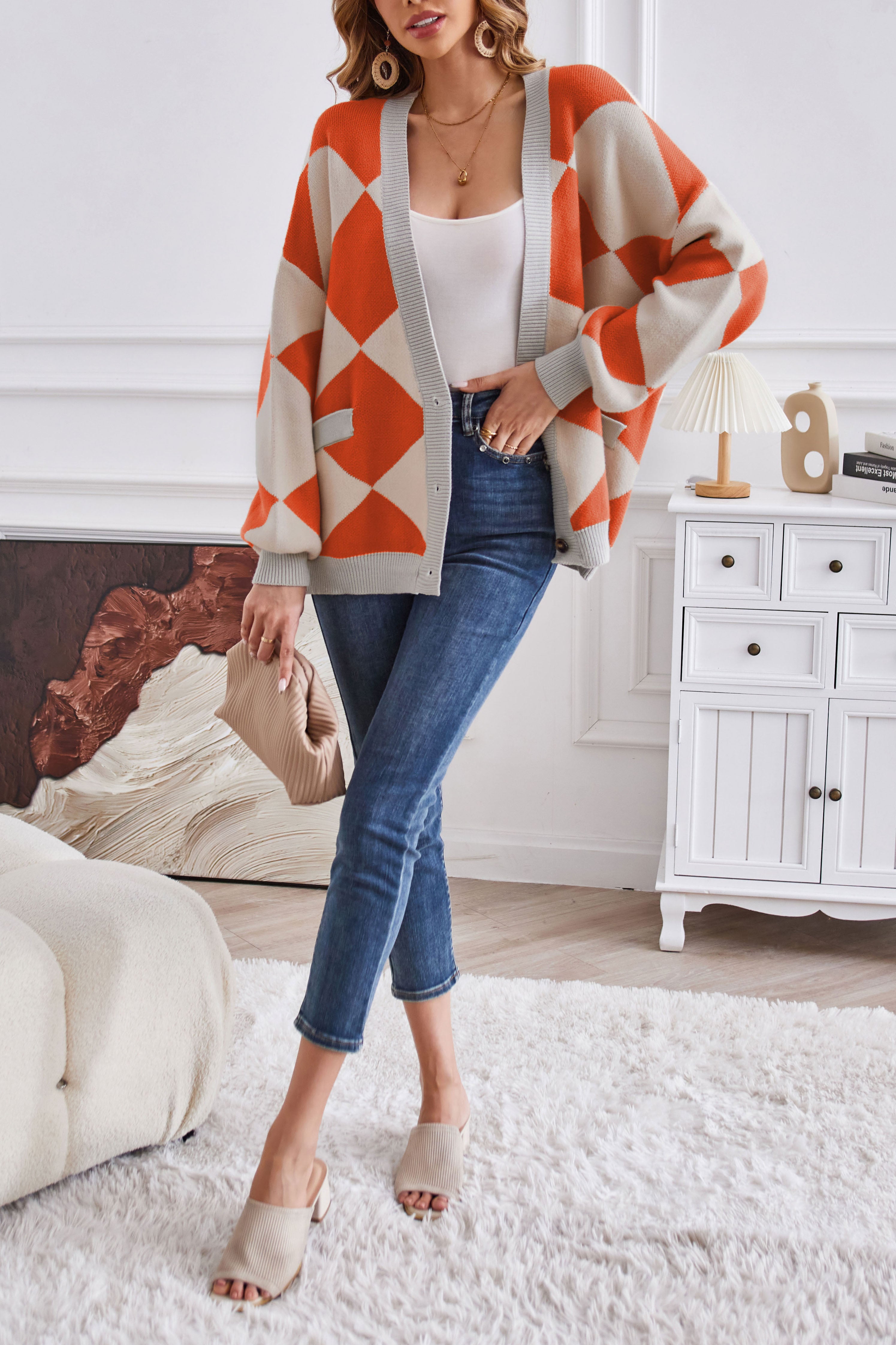 V-neck geometric patchwork contrasting knitted cardigan