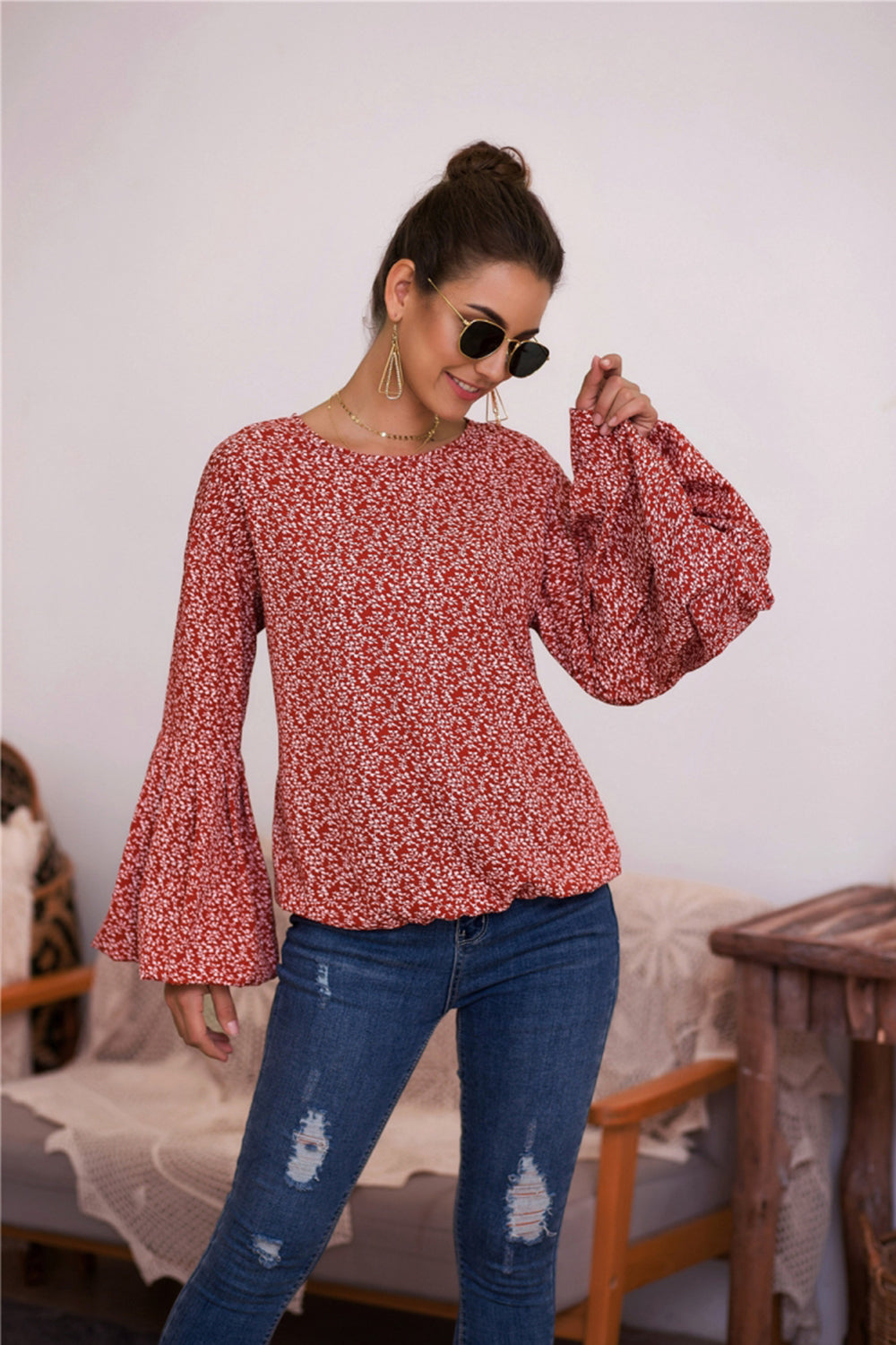 Bubble Sleeve Floral Print Top