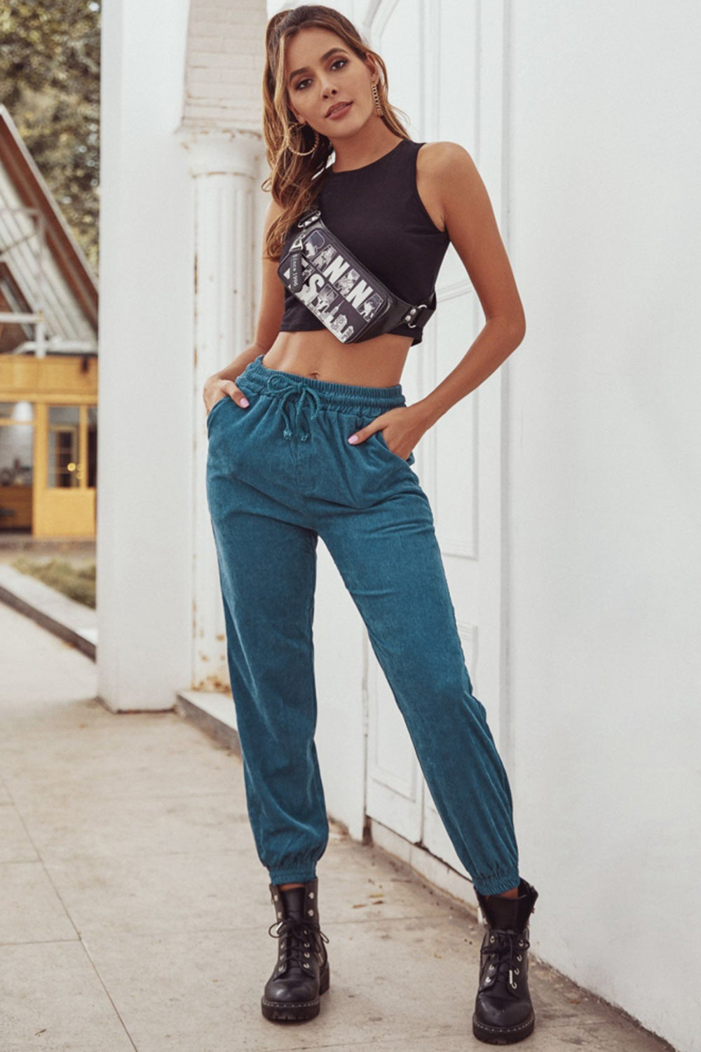 Corduroy High Waist Belt Trousers