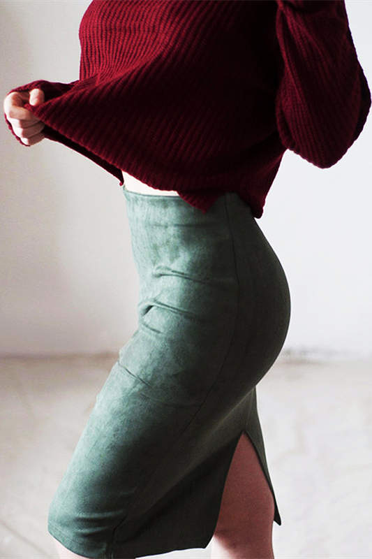 High Waist Suede Midi Pencil Skirt