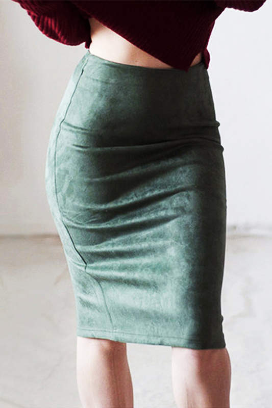 High Waist Suede Midi Pencil Skirt