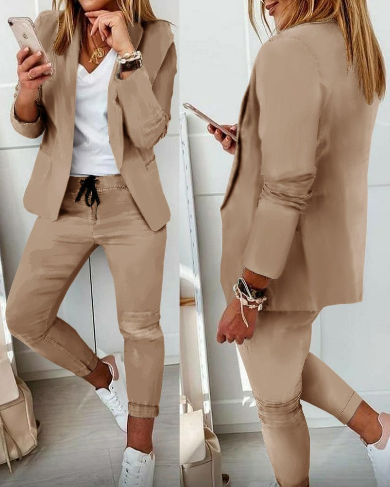 Lapel Neck Blazer Coat & Drawstring Pants Set