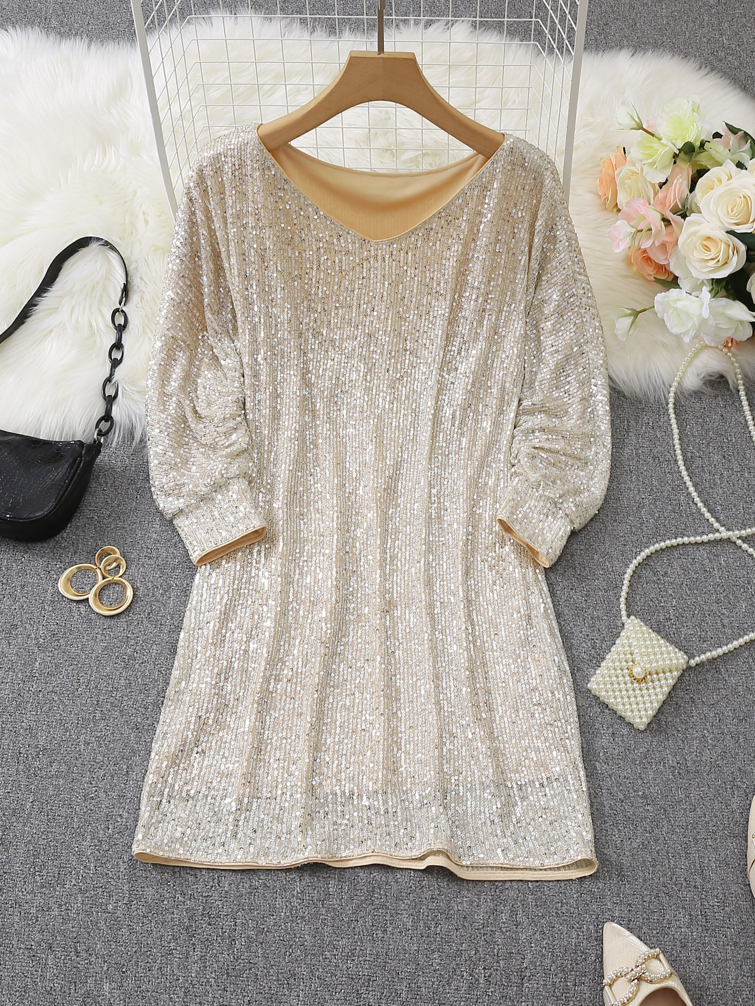 Party Wear V Neck Long Sleeve Contrast Sequin Dress