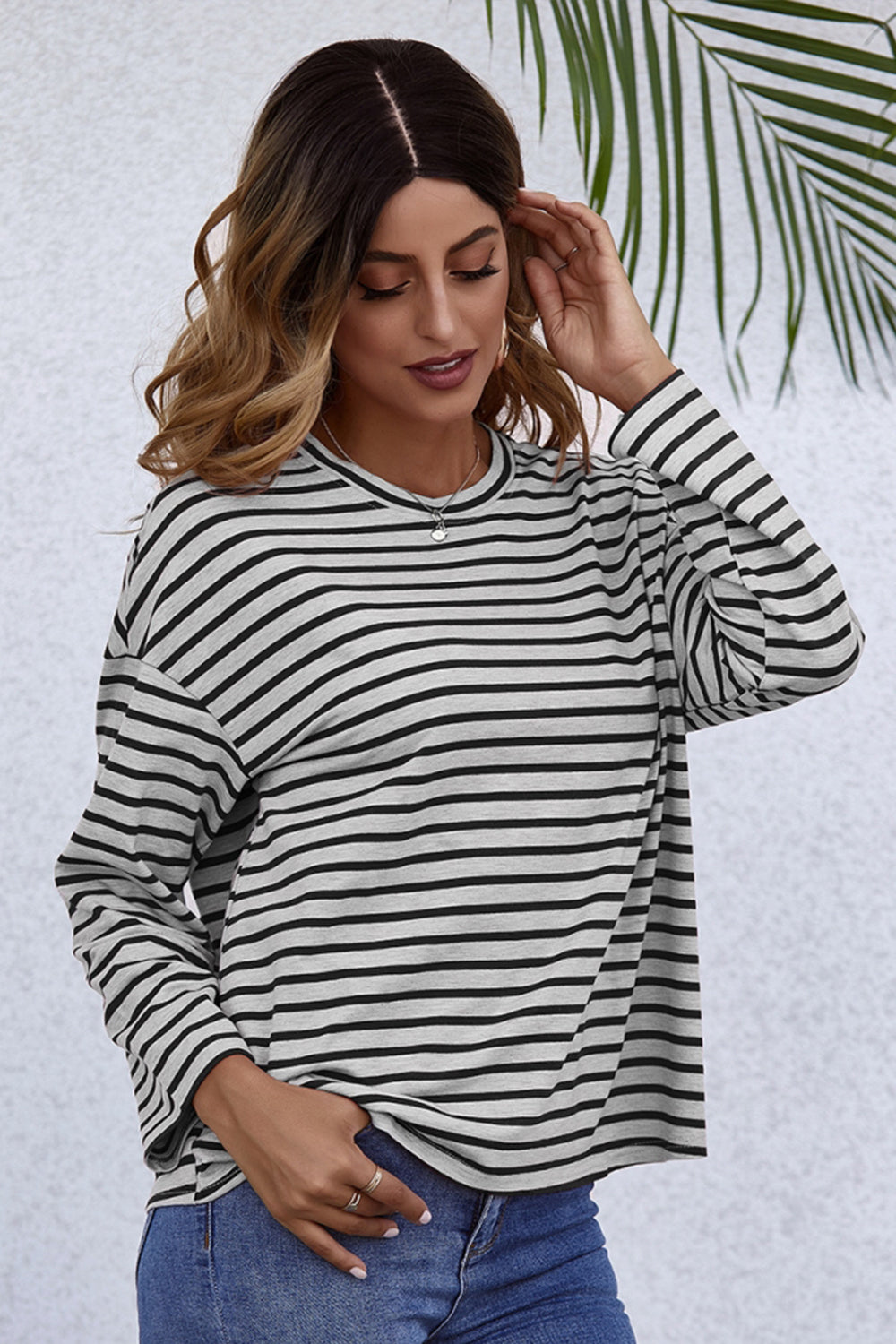 Long-Sleeve Loose Round Neck Striped T-shirt