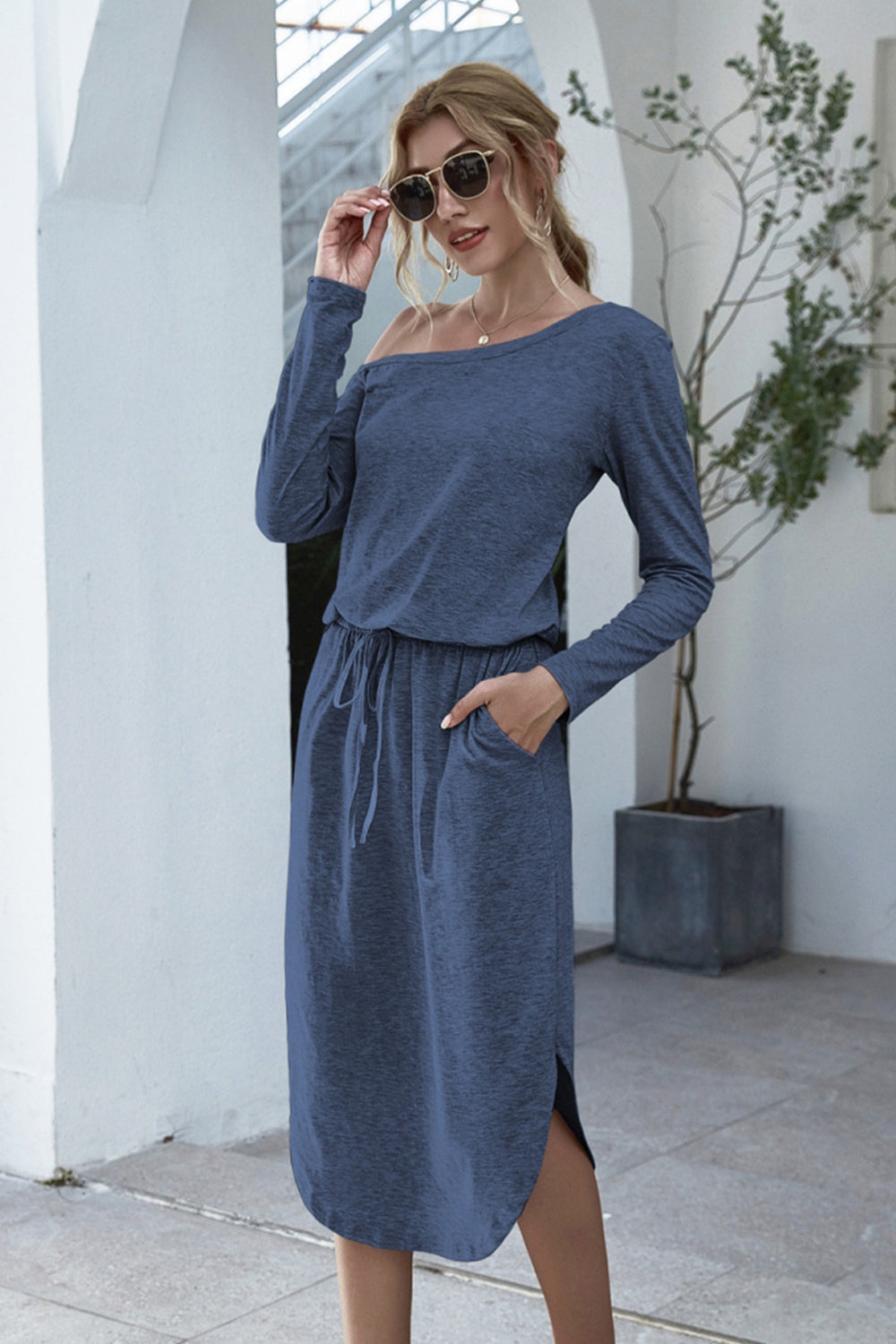 Off Shoulder Lace Up Pocket Slit Dress