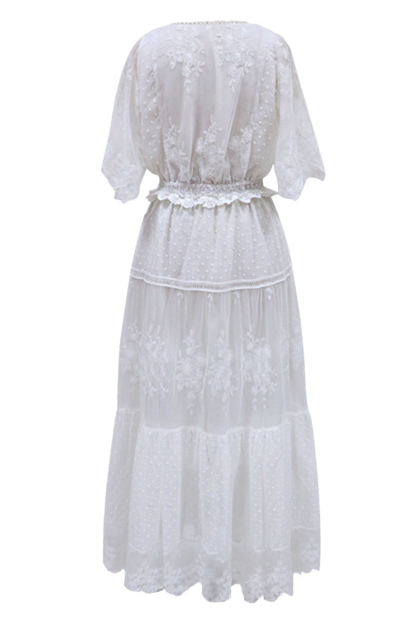 White Lace Embroidery Bohemian Maxi Dress