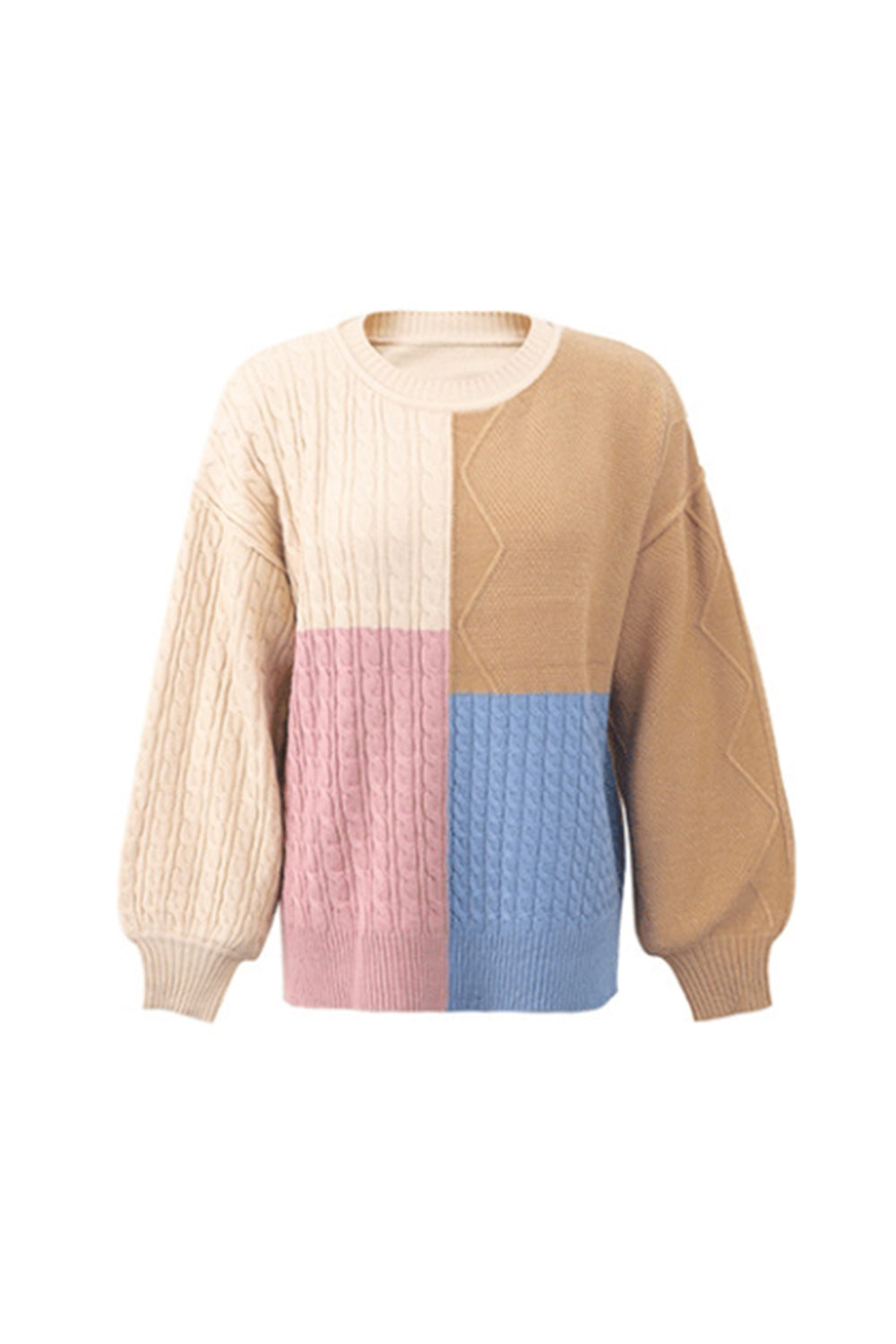 Contrast Patchwork Twist Lantern Sleeve Sweater