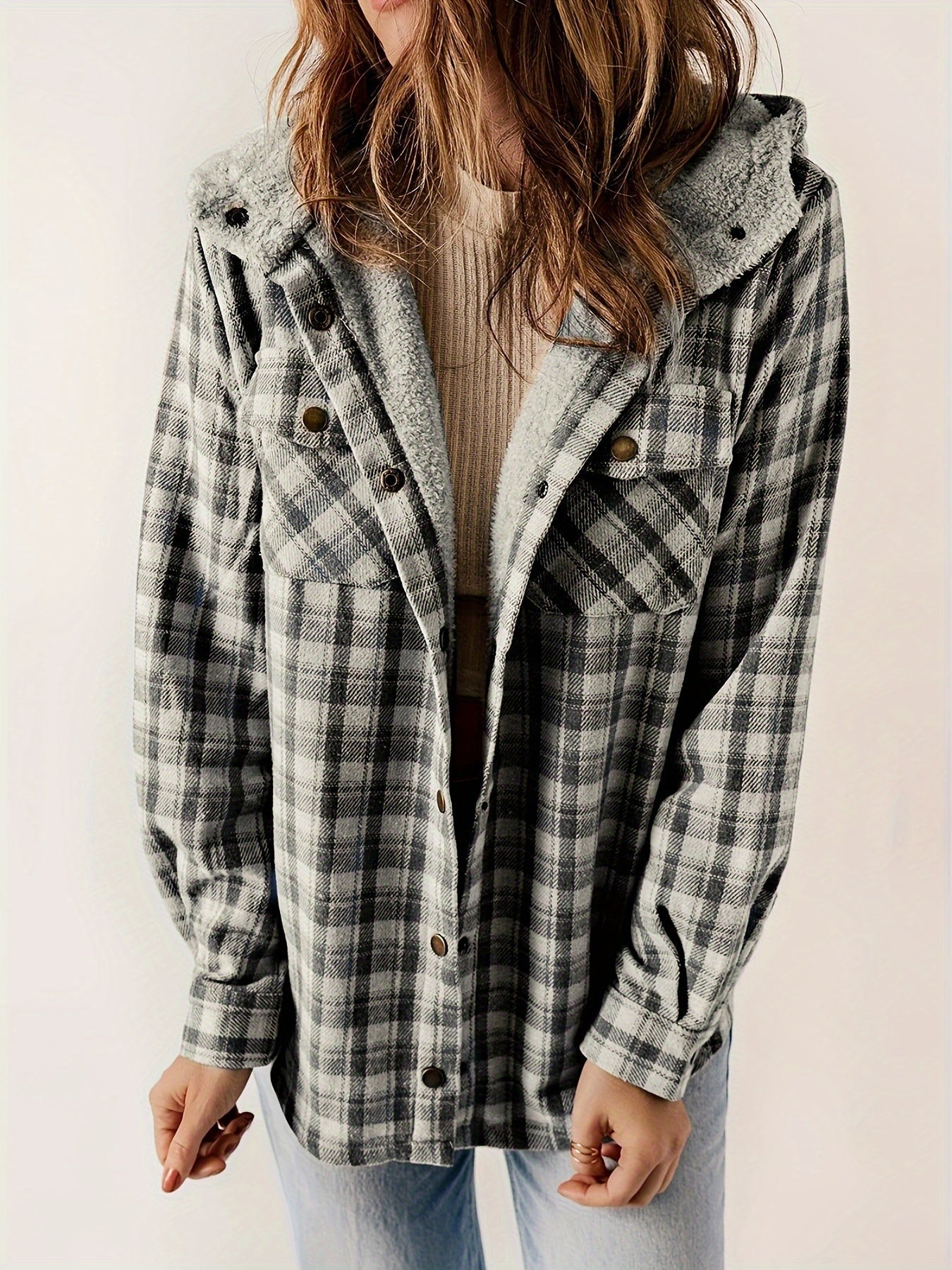 Plaid Pattern Velvet Lining Hooded Jacket