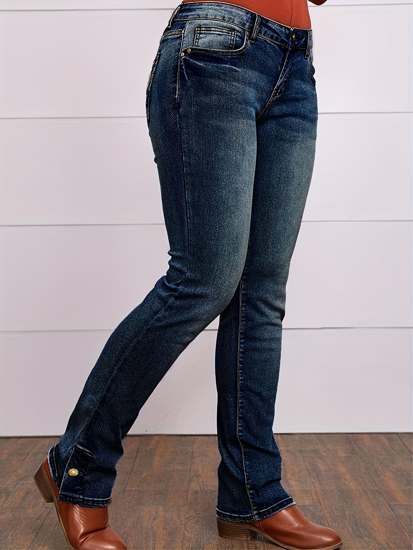 Button Side Split Embroidery Patch Pocket Bootcut Jeans