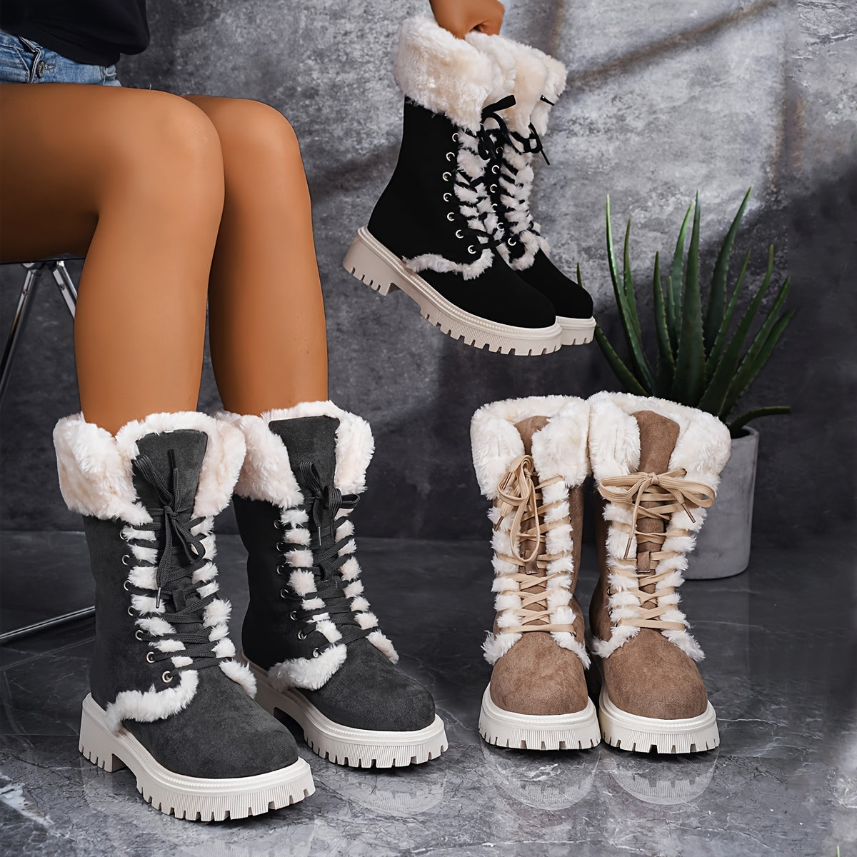 Warm Lace Up Flat Mid Calf Boots