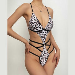 Leopard print contrast halter backless padded bikini swimwear