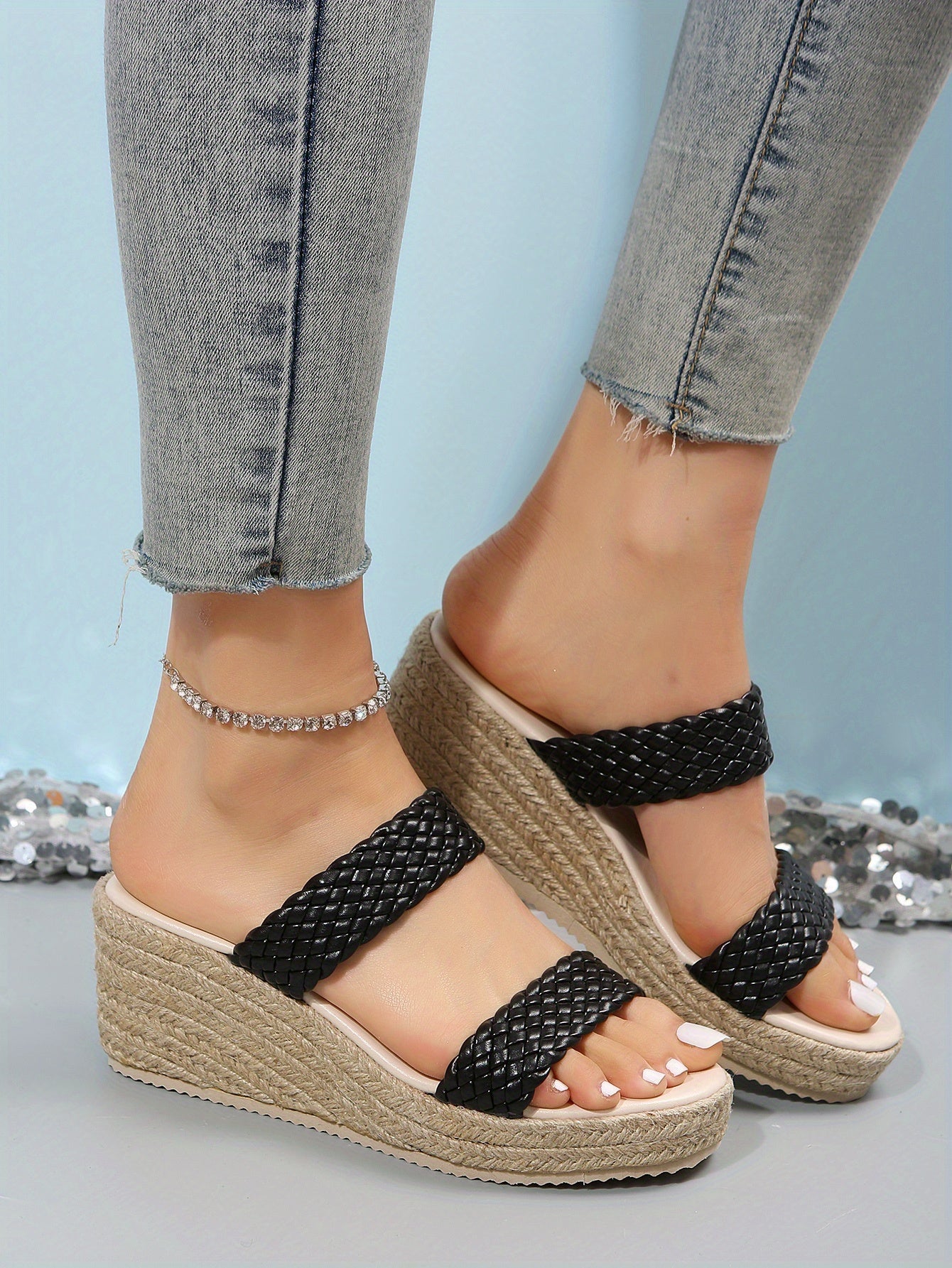 Double Strap Open Toe Espadrilles Wedge Sandals