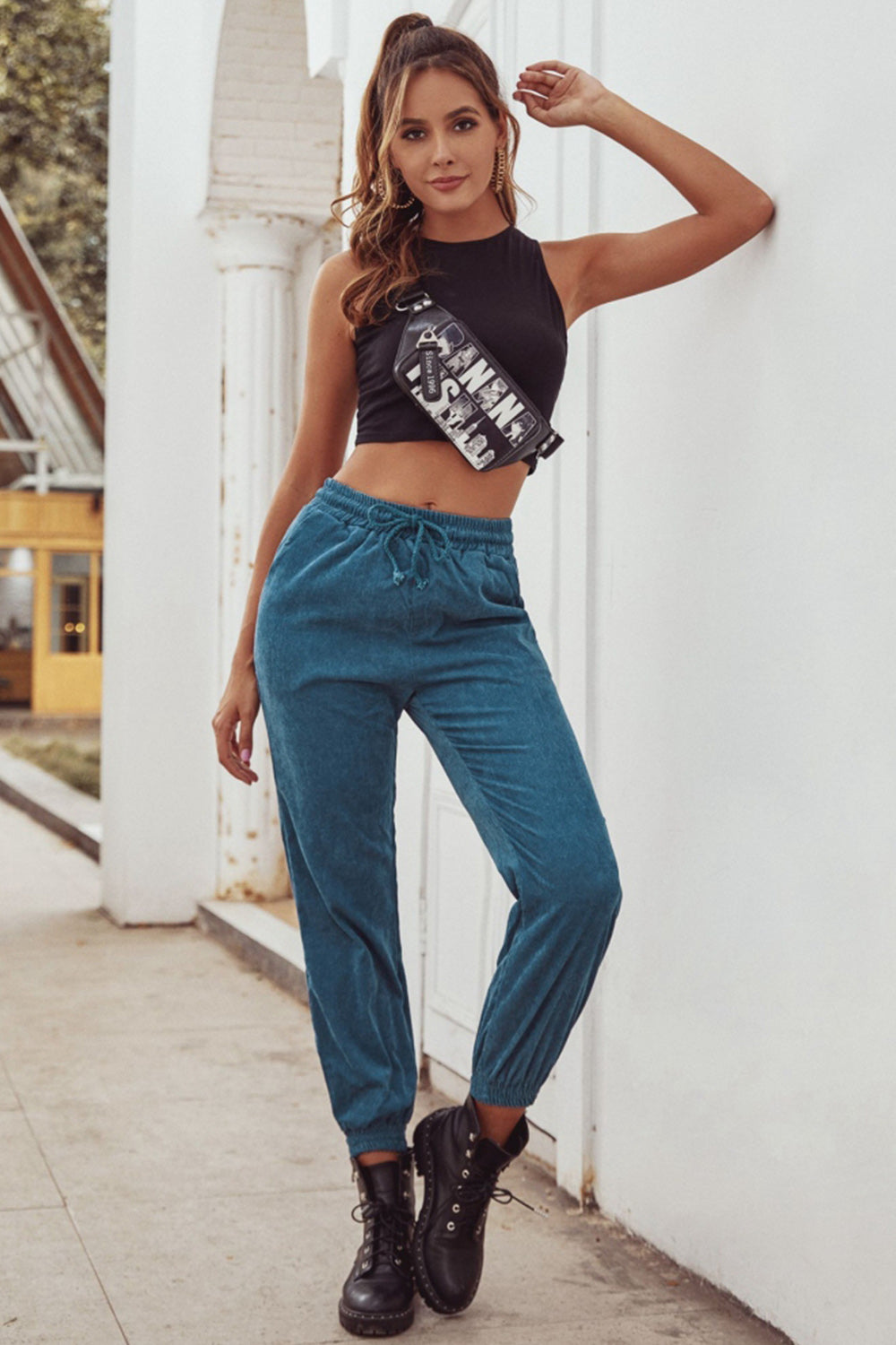 Corduroy High Waist Belt Trousers