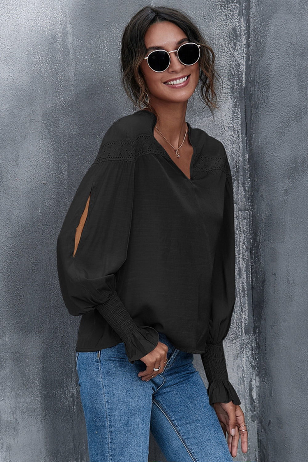 Lantern Sleeves V-neck Hollow Slit Blouse