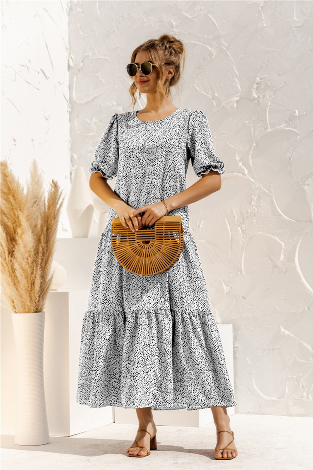 Puff Sleeve Polka Dot Plaid Patchwork Long Dress